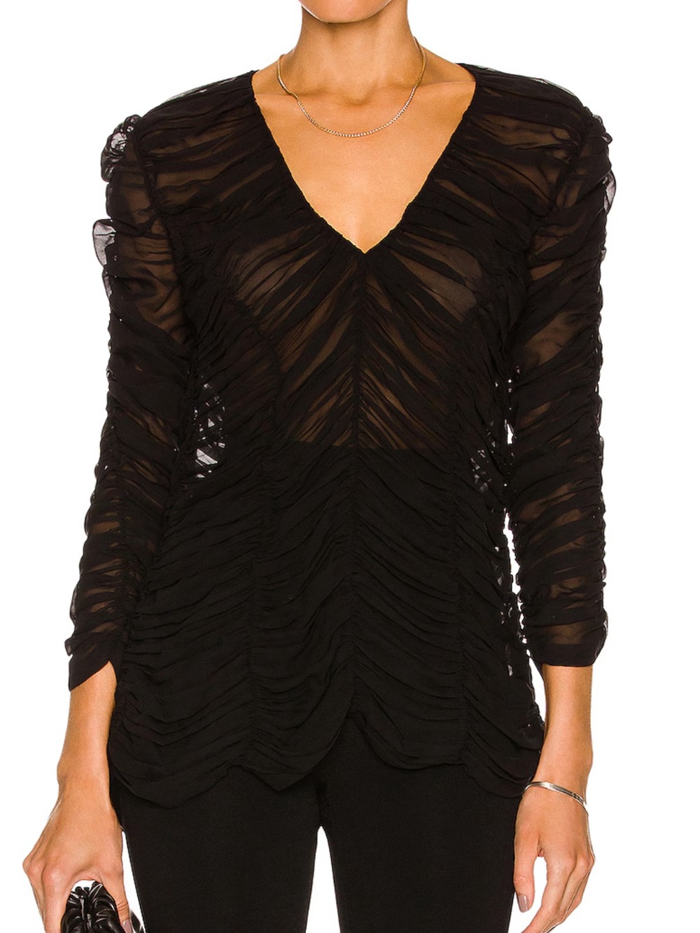 NWT Khaite Lita Ruched V-Neck Stretch Silk Black Top Size 10 - Picture 2 of 13